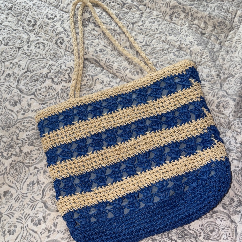 Talbots Royal Blue and Cream Crochet Tote